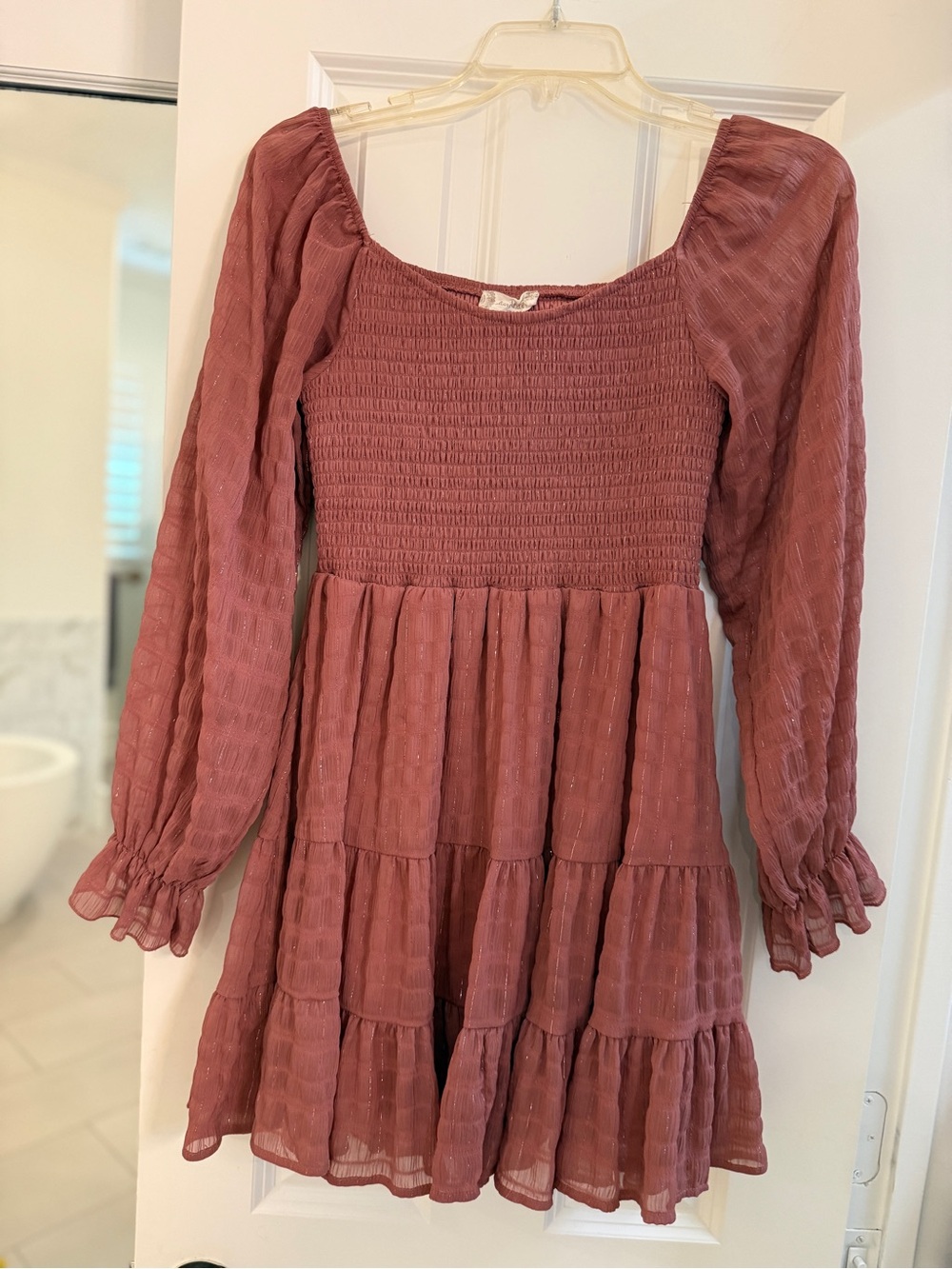 Altar'd State Dusty Rose Gold Threads Smocked Tiered Long Sleeve Dress XS